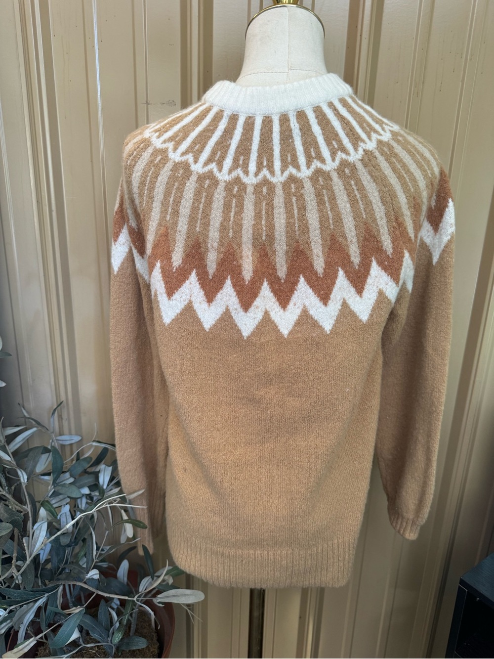 French Connection Tan, White & Brown Nordic Yoke Crewneck Sweater XS - Picture 2 of 4